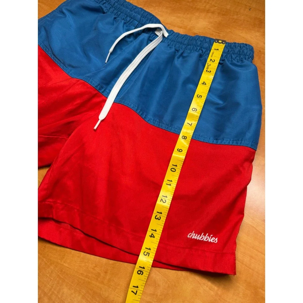 Chubbies Mens Red Blue Colorblock Swim Trunks Mesh Lined Shorts L Made in USA